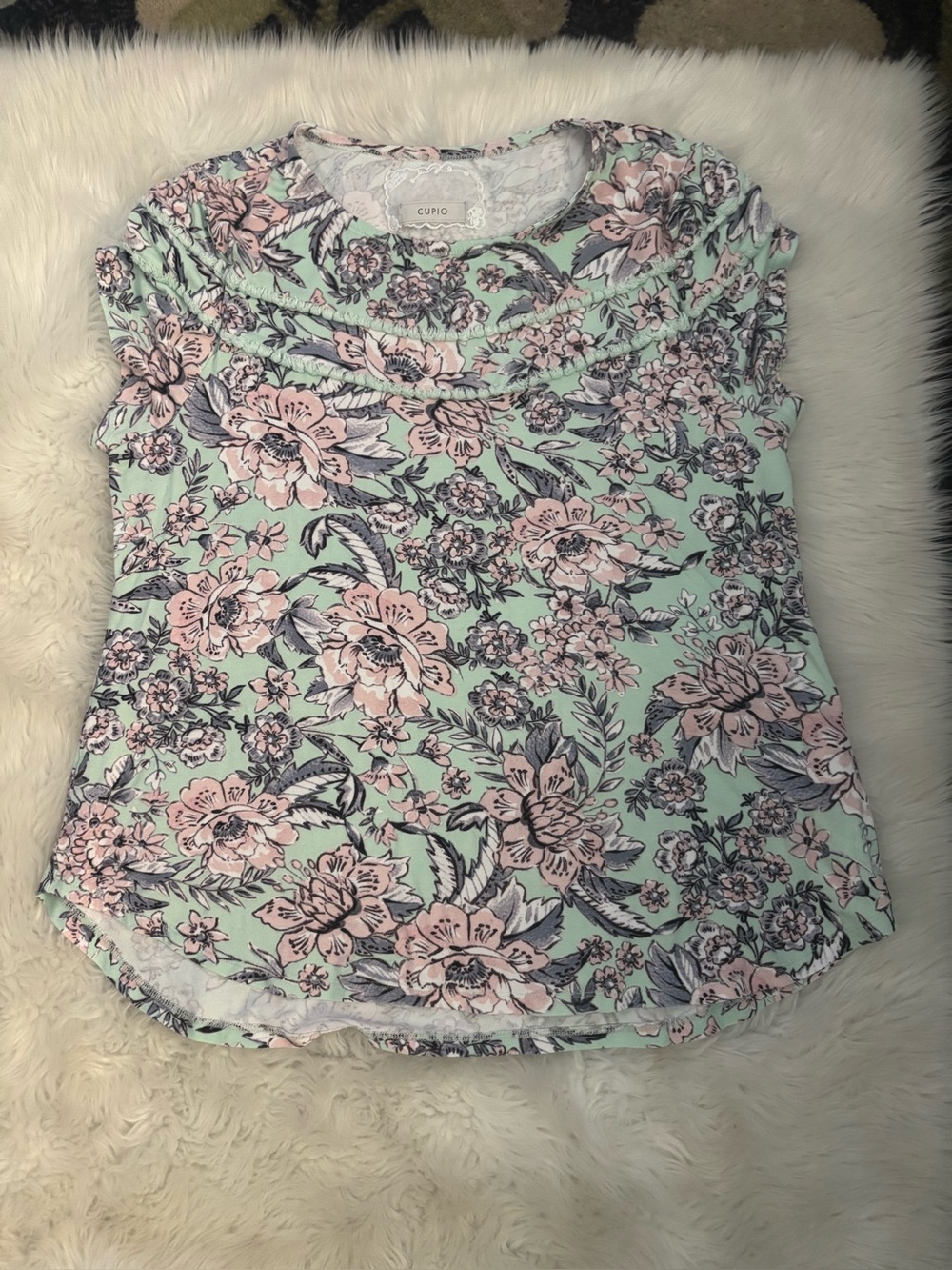 Cupio Mint Floral Cap Sleeve Camisole with Pink and Gray Blooms
